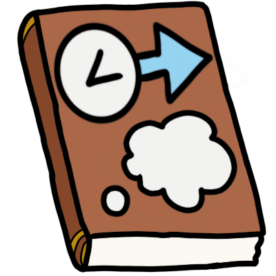 a book with a brown cover. on the front cover is a light blue arrow pointing forward from an analogue clock, with a thought bubble below it.